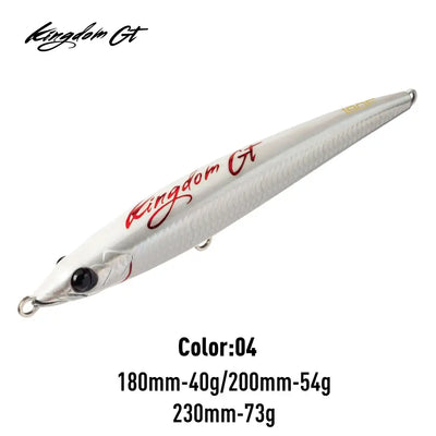 Floating pencil fishing lure, white with gold accents and red script, metal lip and hooks.