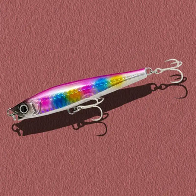 Lipless minnow fishing lure, rainbow gradient body with three treble hooks