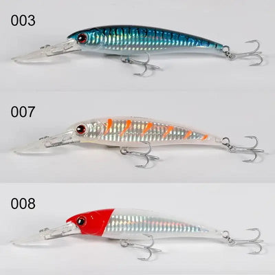 Saltwater trolling minnow wobbler set of three: blue, orange-striped, and red-white