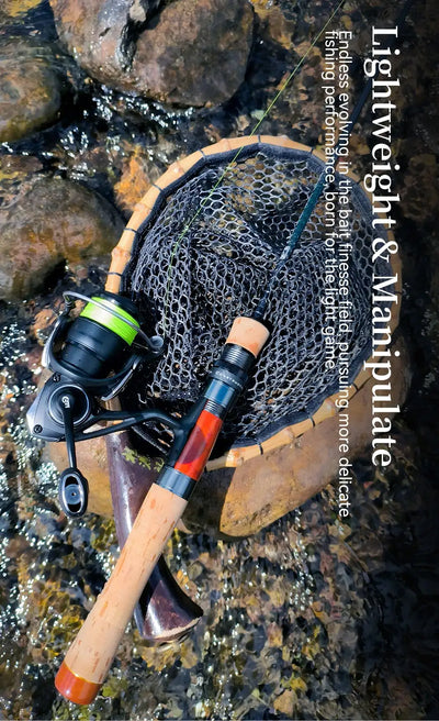 Ultralight spinning reel with green line, black reel body and handle