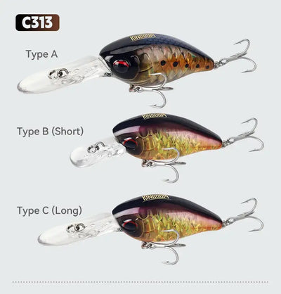 Set of three floating crankbait minnow lures in dark blue and silver with treble hooks