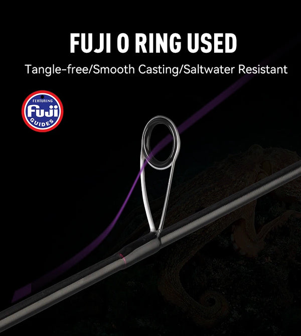 Squid jigging rod with purple carbon blank and silver Fuji-style guide ring