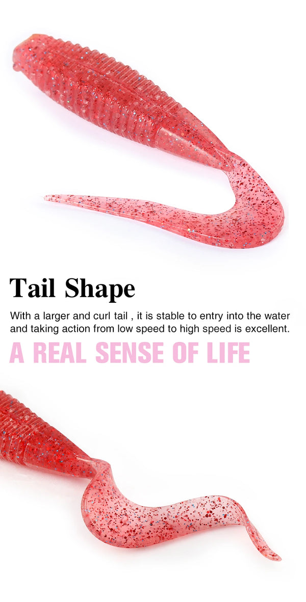 Red sparkly curled worm soft bait lure with segmented body and curled tail