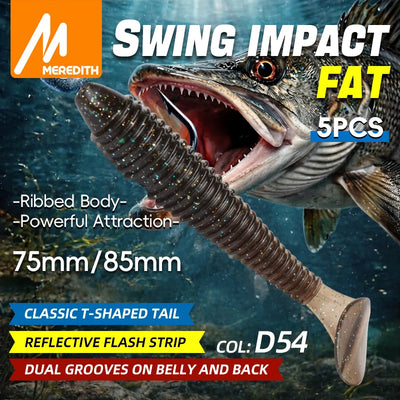 Dark gray ribbed soft plastic paddle-tail lure, 75/85mm, reflective flash strip