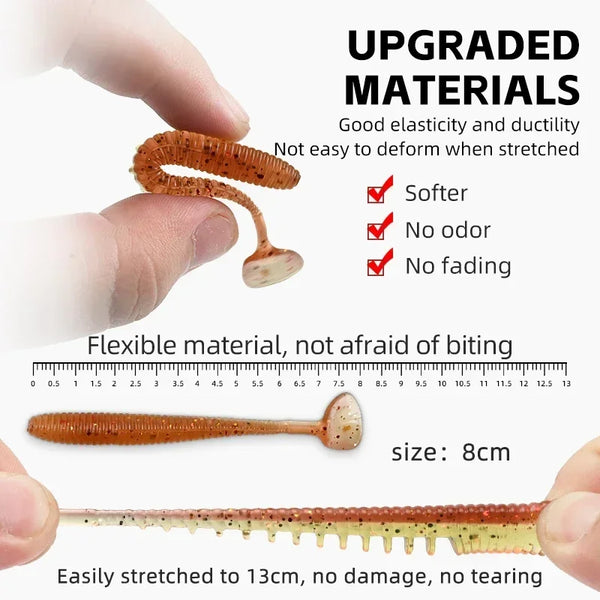 Orange-brown soft fishing lure with speckled head, flexible segmented tail
