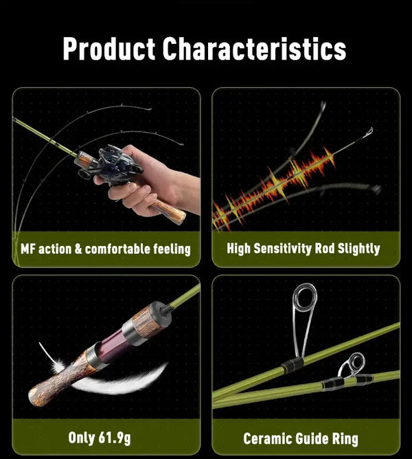 Ultralight fishing rod feature diagram with ceramic guide ring and high sensitivity action