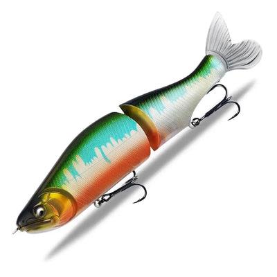 Jointed minnow fishing lure, orange and teal gradient with white belly and gill lines