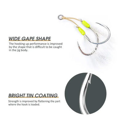 Wide-gape jigging hooks with neon beads and bright tin coated hook close-up detail