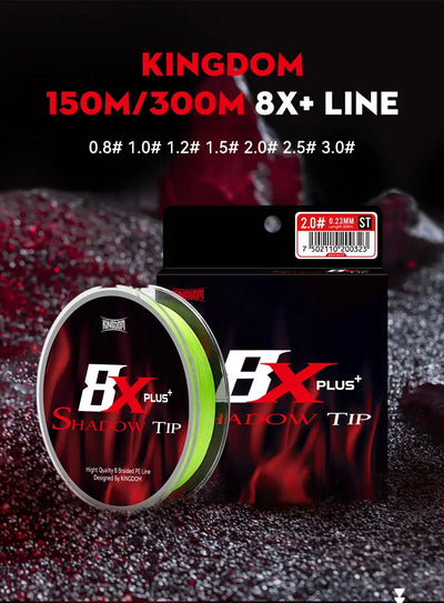 Green braided fishing line spool with boxed packaging and length range labels