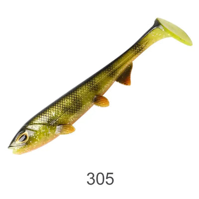 Color 305 olive-gold soft paddle-tail swimbait lure with scale texture and orange fins