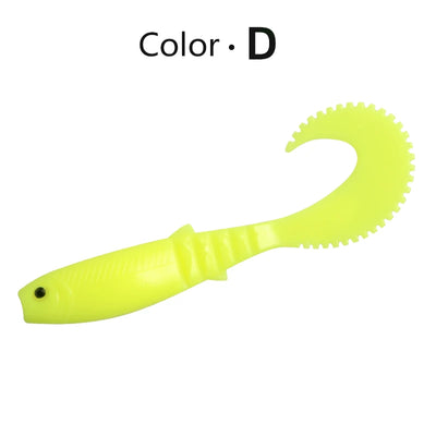 Soft shad silicone fishing lure, bright chartreuse, curved paddle tail