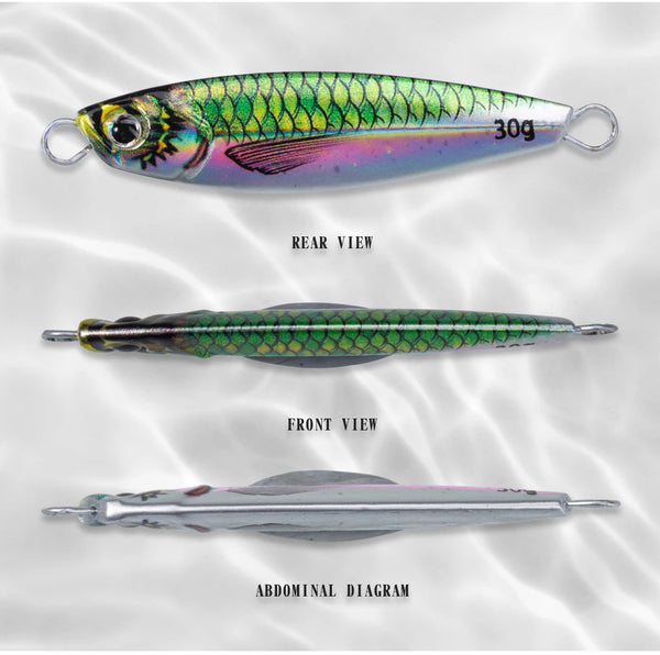 Metal jig minnow lure with green scales, 30g, shown in rear and front views