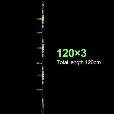 Fishing leader rig with glowing beads, 120cm total length, 3 clips