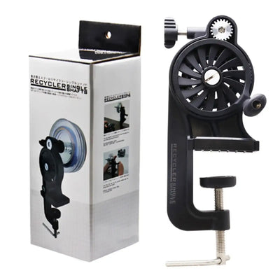 Fishing line winder with black clamp base, crank handle, and spool mounting holder