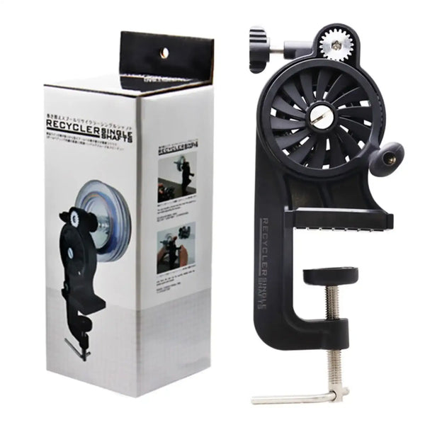 Fishing line winder with black clamp base, crank handle, and spool mounting holder