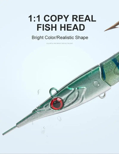 Realistic sinking fishing lure with green-silver body, red eye, and metal hook