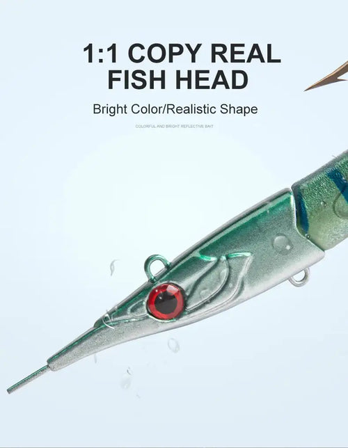 Realistic sinking fishing lure with green-silver body, red eye, and metal hook