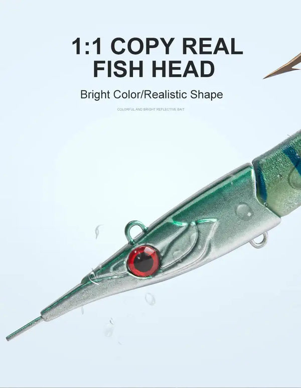Realistic sinking fishing lure with green-silver body, red eye, and metal hook