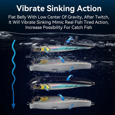 Sinking pencil fishing lure showing vibrating action with three models underwater
