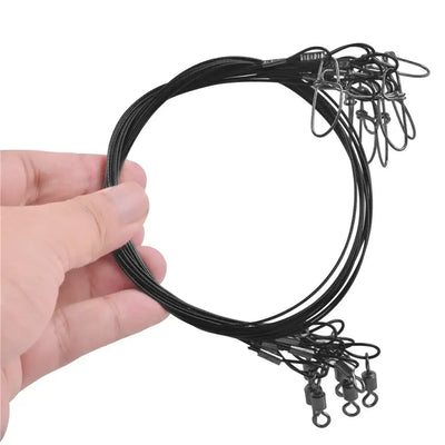 Black steel wire fishing leader loop with multiple crimped snap swivels and hooks