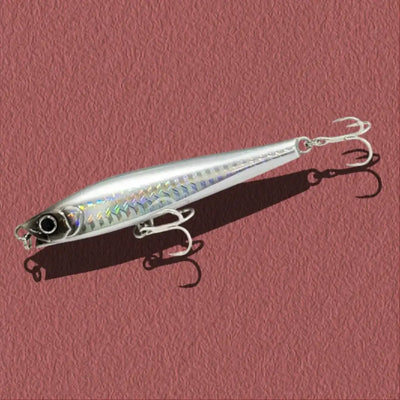 Silver iridescent lipless minnow sinking lure with rainbow side pattern and treble hooks