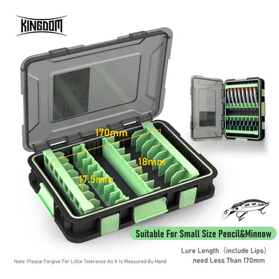 Lure storage box with green compartment grid and transparent lid, for small lures
