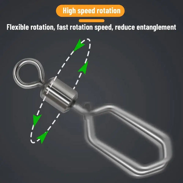 Rolling swivel connector with rotating barrel and hinged wire snap, dark silver