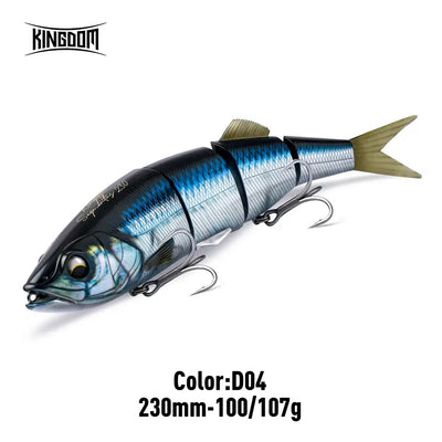 Multi-jointed hard fishing lure, dark blue shimmery scales with gold tail and silver trebles