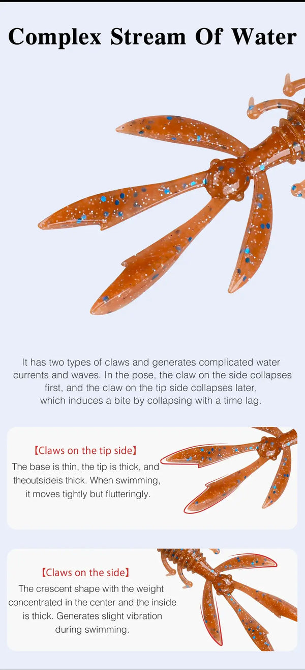 Orange soft shrimp worm lure with flared fin tail and hooked body
