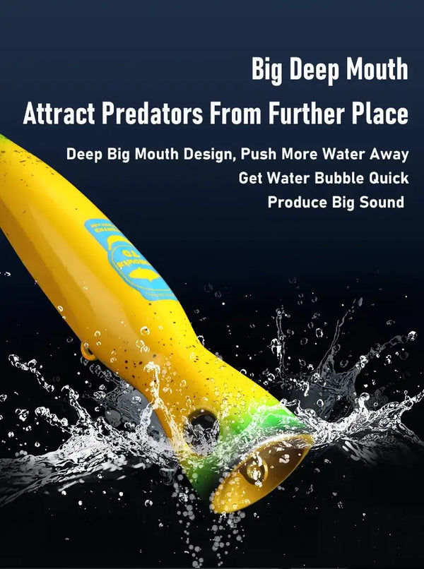 Yellow-and-green floating popper lure with black eye, blue stripe, deep mouth