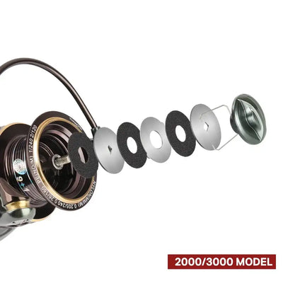 Spinning reel with dark honeycomb spool rings and line guide, detailed close-up