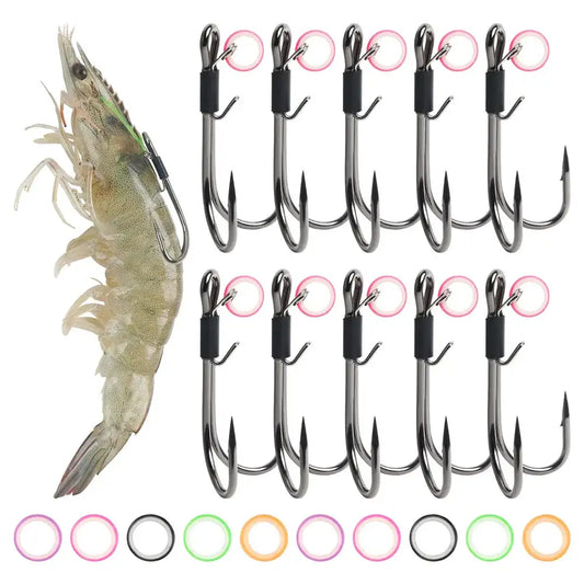 Double fishing hook shrimp bait holder set with multiple barbed double hooks and clips