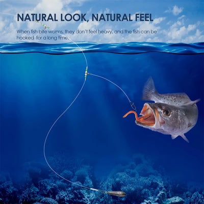Fishing leader rig line with luminous beads and hook shown underwater