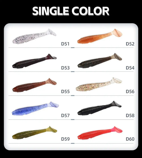 Soft T-tail silicone fishing lure assortment, single-color options shown on display