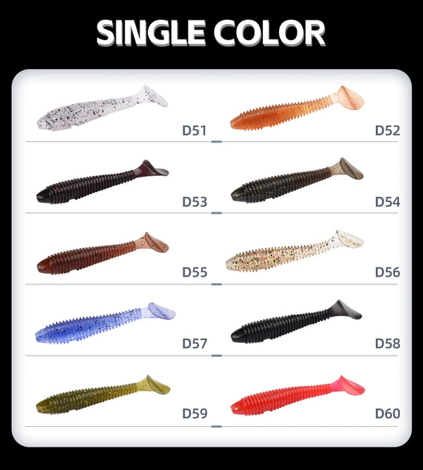 Soft T-tail silicone fishing lure assortment, single-color options shown on display