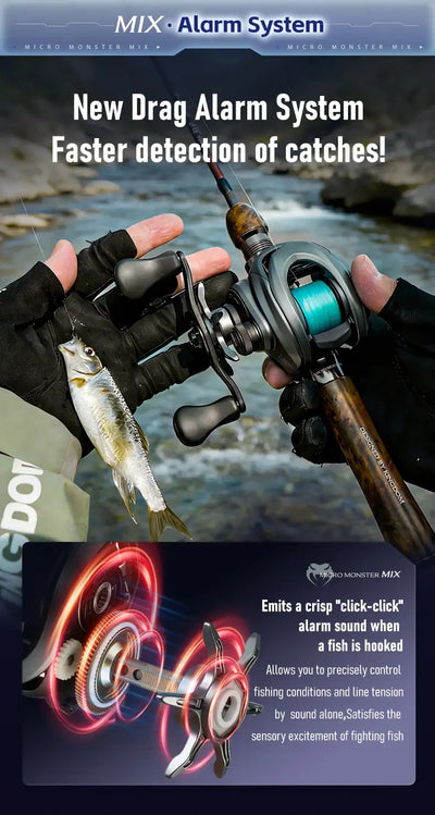 Baitcasting reel with blue line spool and hands holding the reel, alarm system shown