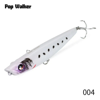 White and purple popper fishing lure with treble hooks, glossy hard bait