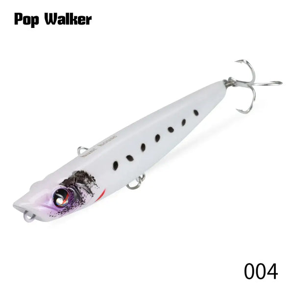 White and purple popper fishing lure with treble hooks, glossy hard bait