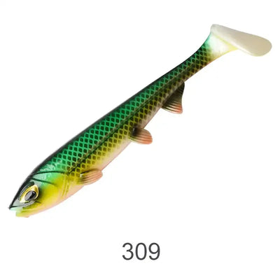 Color 309 dark green soft paddle-tail swimbait lure with scale pattern and pale tail