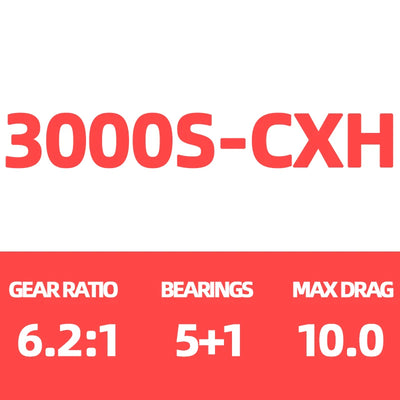 DAIWA Exceller LT 3000S-CXH spinning reel: 6.2:1 ratio, 5+1 bearings, 10kg max drag.