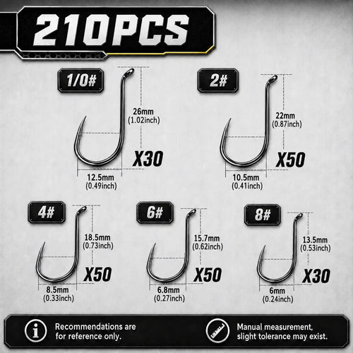 Size chart for 210pcs octopus hooks with silhouettes for 1/0 to 8