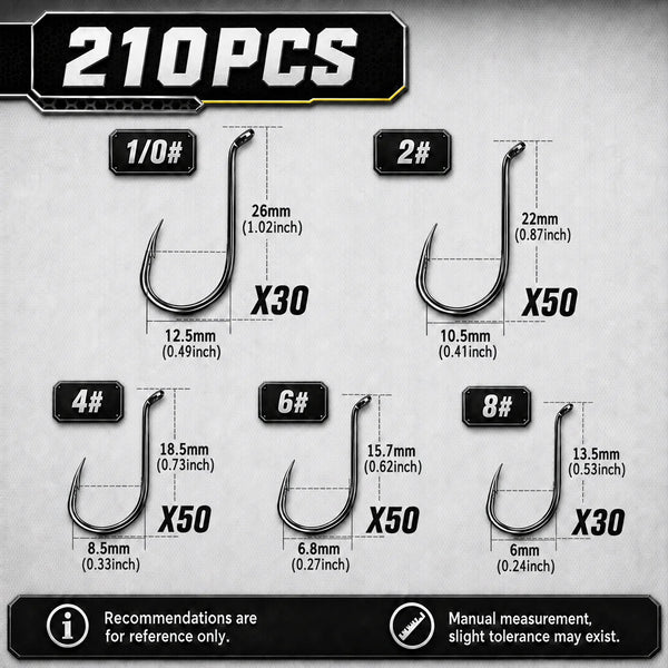 Size chart for 210pcs octopus hooks with silhouettes for 1/0 to 8