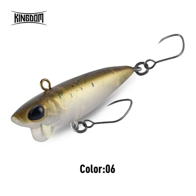 Artificial fishing lure, gold and cream pencil body with treble hooks labeled Color06