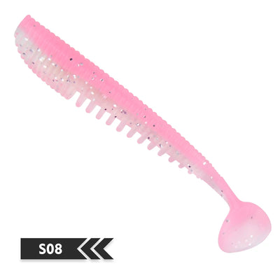 Soft silicone fishing lure, pink shad with glitter specks (S08).