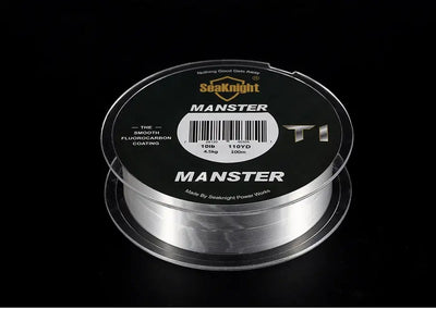 Fishing line spool close-up with MANSTER T1 label and smooth fluorocarbon coating text