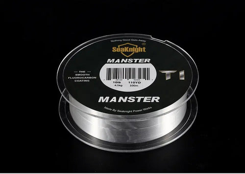 Fishing line spool close-up with MANSTER T1 label and smooth fluorocarbon coating text