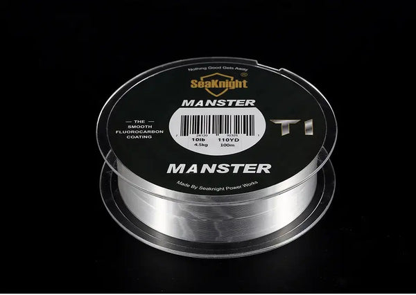 Fishing line spool close-up with MANSTER T1 label and smooth fluorocarbon coating text