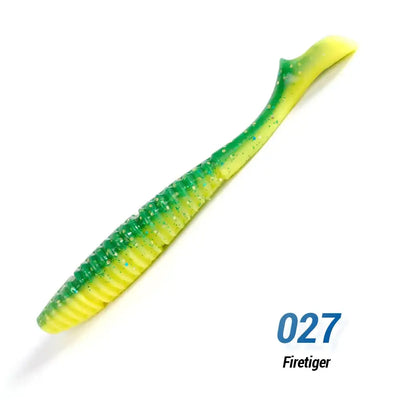 Chartreuse green soft silicone swimbait lure with speckles, ribbed body and curved tail.