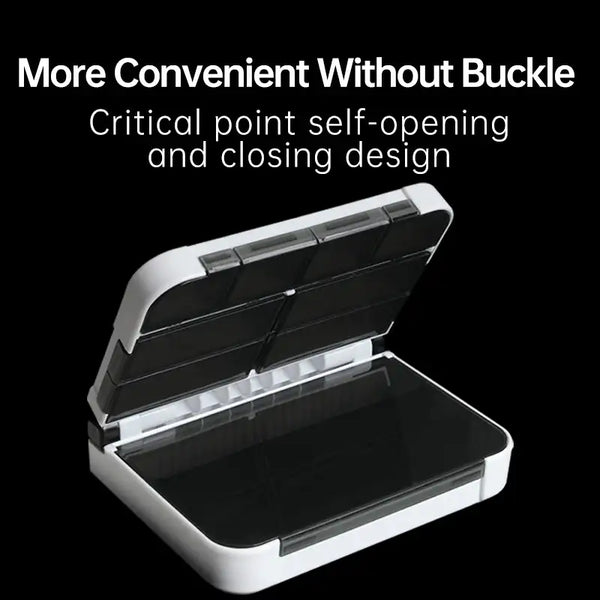 White tackle storage box with lid open and interior tray compartments