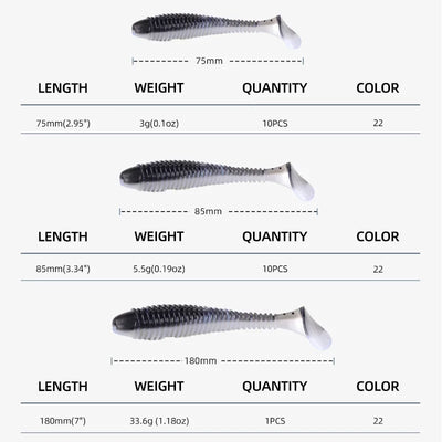 Set of soft paddle tail lures showing 75mm, 85mm, and 180mm size options.